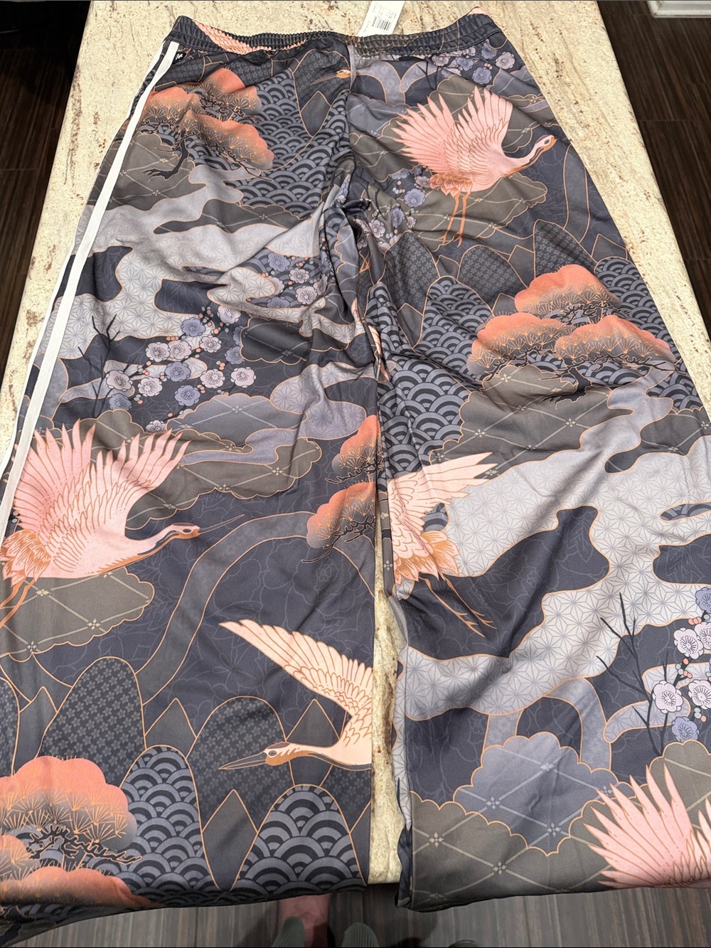 adidas Gray Track Pants with Peach Crane Print - Picture 7 of 9